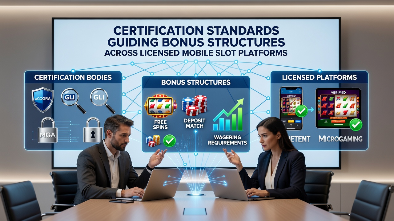 Mobile device displaying certified slot game with bonus meter and regulatory compliance icons