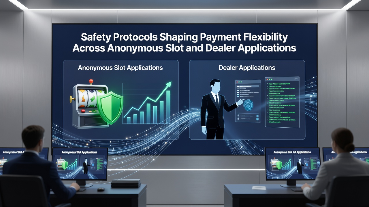 Security systems and encrypted payment interfaces displayed across anonymous slot and dealer application dashboards