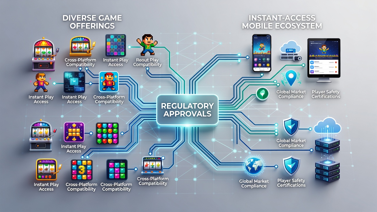Regulatory document and casino game thumbnails displayed together on a tablet